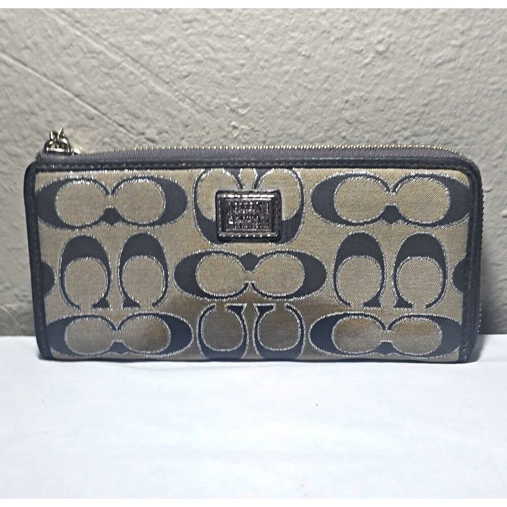 Coach Poppy Gray Black Signature Canvas Long Zip Around Accordion Wallet Y2K